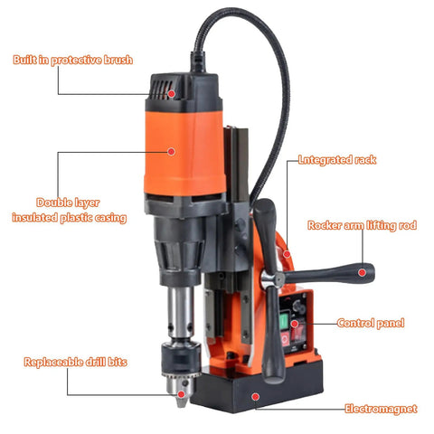 Heavy Duty 1100W Magnetic Drill Press With Copper Core Motor 110V Electric Drilling Machine shows built-in brush, control panel, and removable drill bits.
