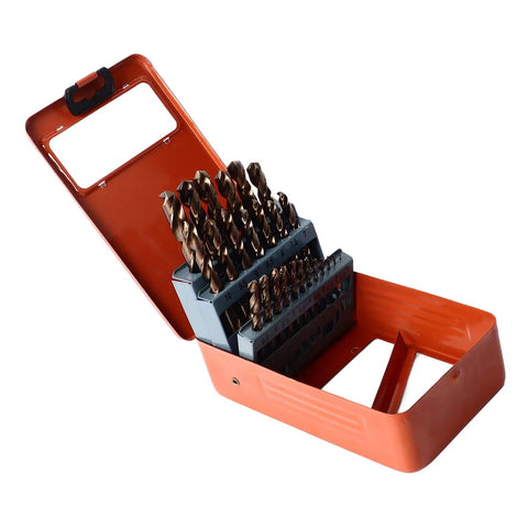 Heavy Duty 25Pc Twist Drill Bit Kit With Cobalt HSS Made For Cutting Through Stainless Steel Iron Fast Quick Chip Removal Bits in case