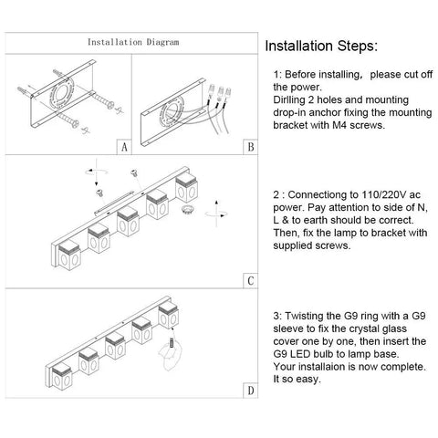 Installation steps for Five Light LED Modern Bathroom Vanity Fixture With Crystal Glass And Stainless Steel Over Mirror