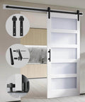 Dope Double Glass MDF Barn Doors Set 18 Inch By 84 Inch with 6.6 Ft Hardware Kit and Five Tempered Frosted Glass Panels installed in modern space