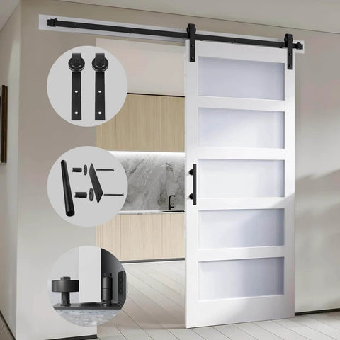 Dope Double Glass MDF Barn Doors Set 18 Inch By 84 Inch with 6.6 Ft Hardware Kit and Five Tempered Frosted Glass Panels installed in modern space