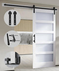 Dope Double Glass Barn Door Kit With 8 Ft Hardware 21 By 84 Inch MDF Slab Door With Frosted Tempered Glass Waterproof PVC Inside Easy DIY Assembly For A Sleek Modern Home And Office Vibe, image shows installed kit with hardware details