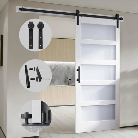 Dope Double Glass Barn Door Kit With 8 Ft Hardware 21 By 84 Inch MDF Slab Door With Frosted Tempered Glass Waterproof PVC Inside Easy DIY Assembly For A Sleek Modern Home And Office Vibe, image shows installed kit with hardware details