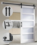 Hella Durable Sliding Barn Door With Smooth Track Hardware Kit For Closets And Hallways Featuring Five Tempered Frosted Glass Panels.