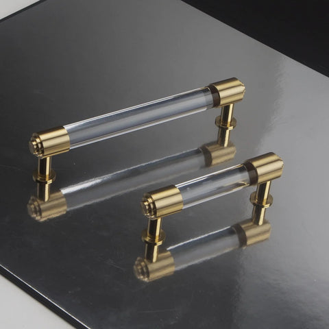 Brass and clear acrylic kitchen cabinet pulls, 7 inch center to center, gold and clear elegant drawer handles, 4 pack.