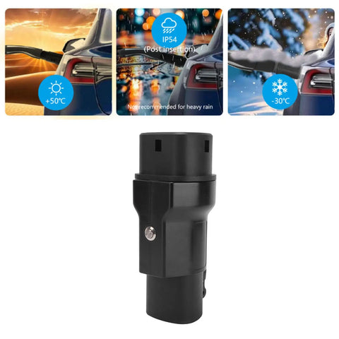 Heavy Duty EV Charging Adapter For Type 2 Connectors, compact black converter with IP54 rating, showcasing versatility in usage.