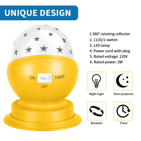 Yellow Rotating Star Projector Night Light For Nursery Plug In Ceiling Light With 30 Minute Timer Cozy 3000K White Glow