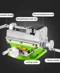 Heavy Duty Cross Slide Drill Press Vise With X-Y Axis Compound Movement features adjustment and rotary handles, silicone cover, and sturdy body.