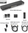16 Port HDMI KVM Switch Console with accessories including rack ears, power adapter, HDMI and USB cables, and remote.