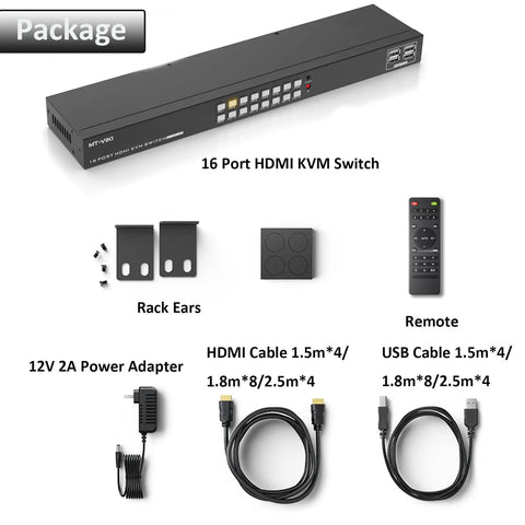 16 Port HDMI KVM Switch Console with accessories including rack ears, power adapter, HDMI and USB cables, and remote.