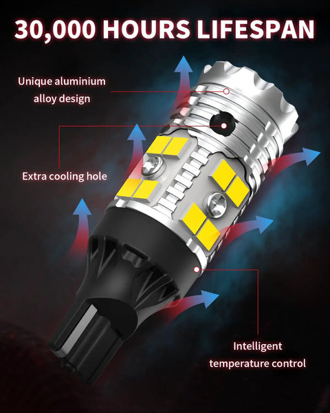 Ultra Bright 921 912 LED Back Up Light Bulbs, 3000Lm Per Set shown with aluminum design and cooling features.