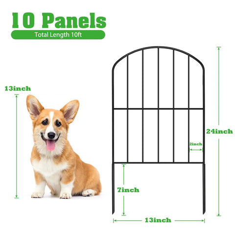 Arched Decorative Garden Fence Panels 10 Pack, 10ft Long By 24in High, shown with dog for size comparison.