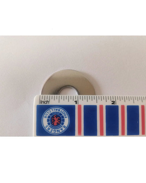 Stainless steel fender washer, 1/2 in ID x 1-1/2 in OD, on white background