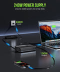 External Gpu Docking Station With Amd Radeon 7600M Xt Graphics Card, 8G Gddr6 Memory, Usb4 And Oculink Connectors, Hdmi 2.1 And Displayport 2.0 For Slick Gaming Laptop Setup And Badass Gameplay Boost connected to laptop, showing 240W power supply.