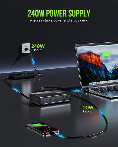 External Gpu Docking Station With Amd Radeon 7600M Xt Graphics Card, 8G Gddr6 Memory, Usb4 And Oculink Connectors, Hdmi 2.1 And Displayport 2.0 For Slick Gaming Laptop Setup And Badass Gameplay Boost connected to laptop, showing 240W power supply.