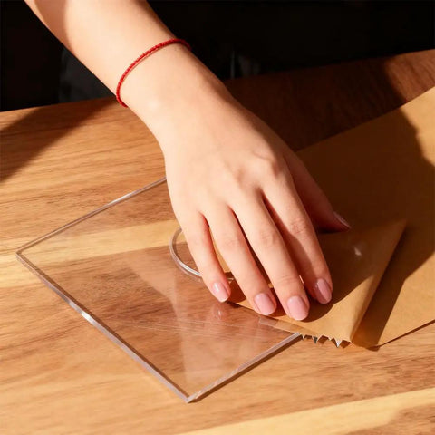 Lotus Flower Acrylic Router Template Seven Nine Inch Square Dead On Clear Floral Inlay Guide held above wooden surface.