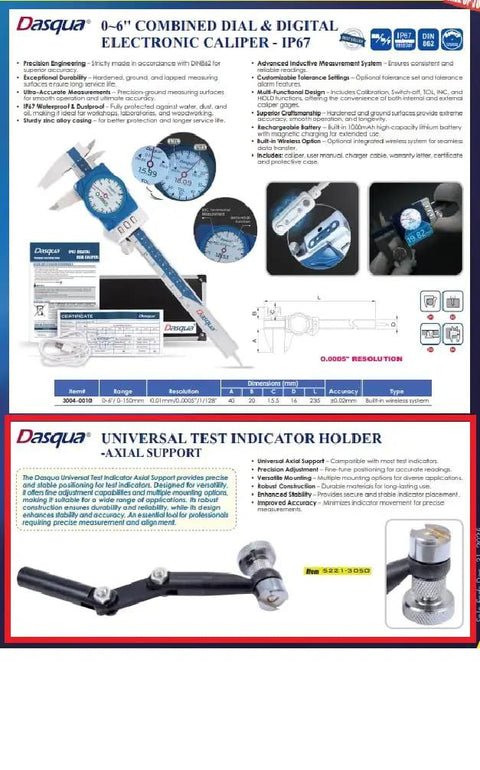 Universal Test Indicator Holder with axial support for precise readings, shown with adjustable mounting options and durable indicator mount.