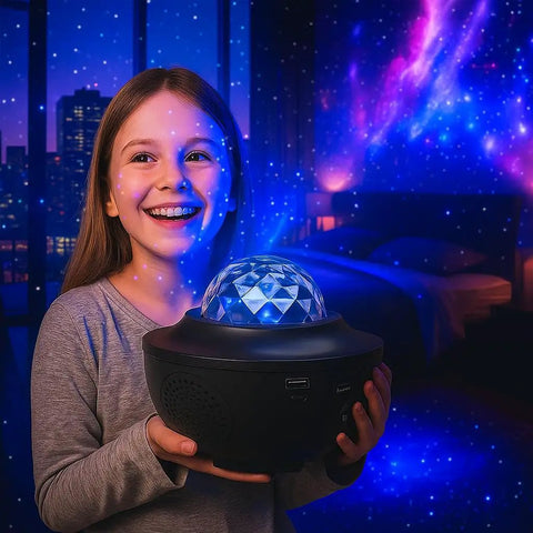 Child holding Cosmic Projector With Built In Bluetooth Speaker Star Lights For Bedroom 21 Dynamic Light Modes Aurora Waves