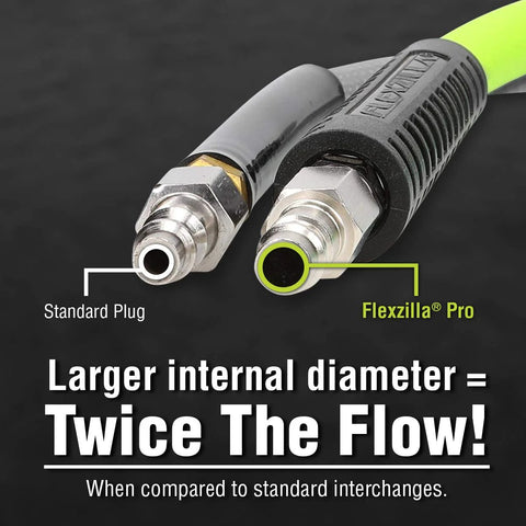 Flexzilla Pro 1/4 in NPT coupler and plug kit; close-up of two fittings, standard plug vs Pro with green ring.
