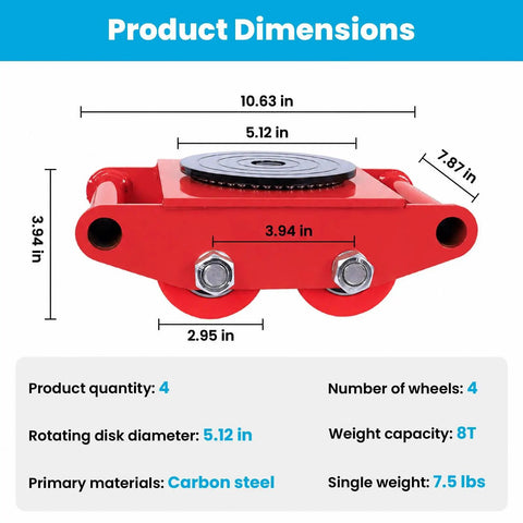 Move Heavy Machinery With Ease Using These 4Pcs Heavy Duty Skates Featuring 360 Degree Swivel Tops And Anti Slip Caps For Smooth Transport In Factories Without Breaking Bank. Product dimensions image showcasing red carbon steel skates.