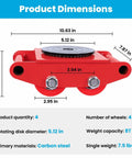 Heavy Duty Machine Skates With 8 Ton Capacity And 360 Degree Rotating Discs Featuring Smooth Silent Pu Rollers dimensions showing weight and size.