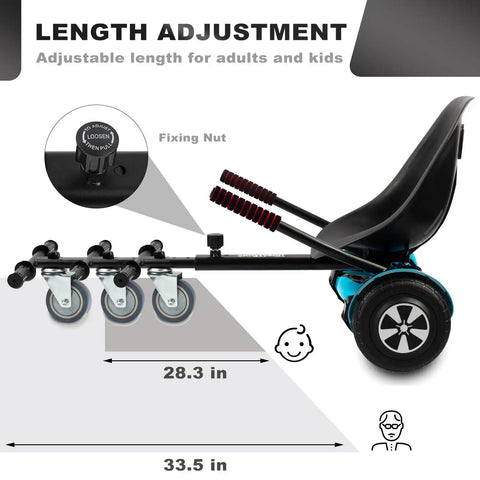 Hoverboard Seat Attachment For Kids And Grownups, Go Kart Attachment For Self Balancing Scooters, adjustable length frame in black