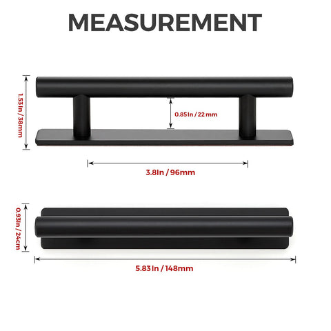 4 Pack Adhesive Cabinet Handles Peel and Stick Black Pull Handles for Kitchen Cabinets Cupboards Drawers Closets 5.83 Inch Length Zinc Alloy Durable Smooth Surface Easy Grip No Drill Installation measurement diagram