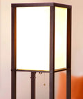 Dope Shelf Floor Lamp With USB Ports And Wireless Charging Pad And Outlets, Havana Brown, close-up of lamp shade and wood frame