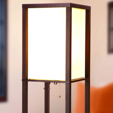 Dope Shelf Floor Lamp With USB Ports And Wireless Charging Pad And Outlets, Havana Brown, close-up of lamp shade and wood frame