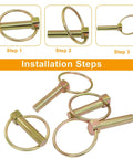 Installation steps for Six Pack 3/8 Inch Lynch Pins Set For Heavy Duty Tractors, Farm Trailers, Trucks And Lawn Mowers, Round Lock Pins