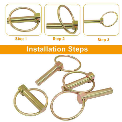 Installation steps for Six Pack 3/8 Inch Lynch Pins Set For Heavy Duty Tractors, Farm Trailers, Trucks And Lawn Mowers, Round Lock Pins