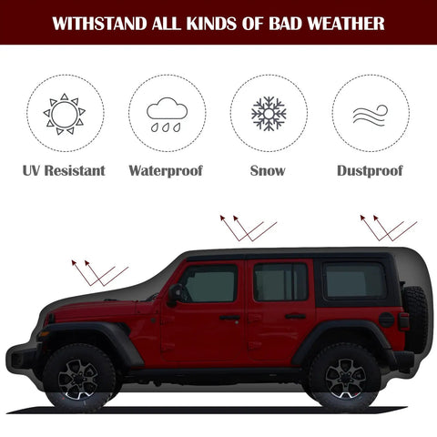 Heavy Duty Waterproof Jeep Wrangler 4 Door Car Cover For JK JL 2006-2026 illustration with weather icons above