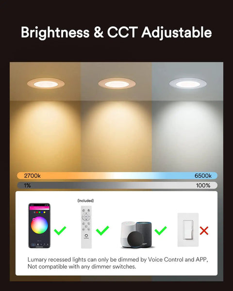 Brightness and CCT adjustable for 4 Pack Canless 4 Inch Smart LED Recessed Downlights, 9W RGBWW Ceiling Lights with WiFi and Bluetooth.
