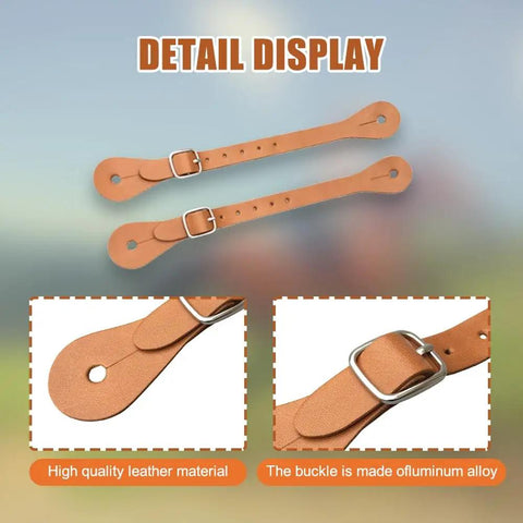 Premium Leather Spur Straps For Horse Riding, Adjustable Retro Western Style With Six Holes, Aluminum Buckles, Detail Display