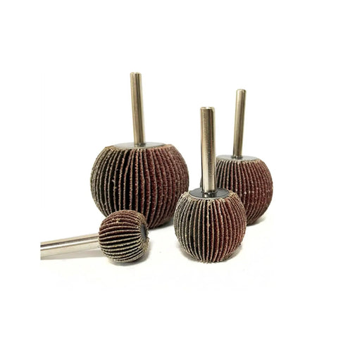 Five Piece Set Spherical Sandpaper Flap Wheels With 6mm Shank for Rotary Tools, varying sizes, shown in close-up view.