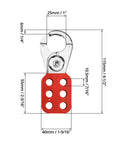 Red 6 Pack Lock Out Tag Out Hasp Set Tamper Proof Stainless Steel Padlock Hasp with extended jaw showing measurements