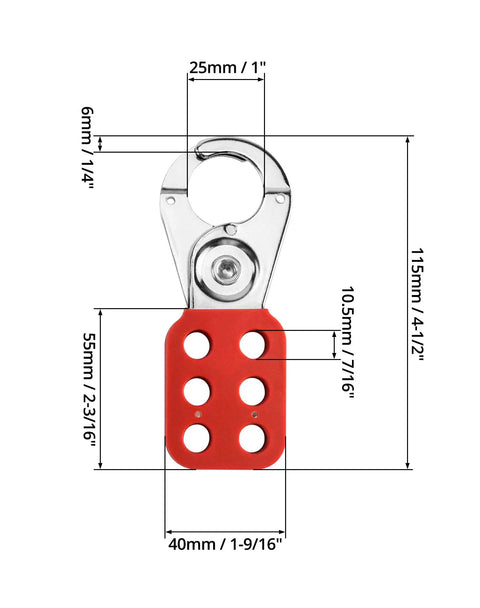 Red 6 Pack Lock Out Tag Out Hasp Set Tamper Proof Stainless Steel Padlock Hasp with extended jaw showing measurements