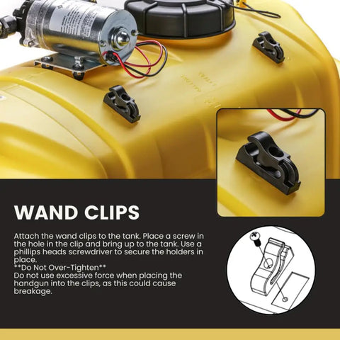 Close-up of wand clips on Bronze 15 Gallon Spot Sprayer For ATVs And UTVs With 12V Diaphragm Pump 1.2 GPM 60 PSI Eco Series Spray Gun
