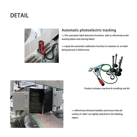 Automatic Double Side Square Bottle Labeling Machine With Snappy Touchscreen Interface And Rock Solid Conveyor For Zero Fuss Front Back Labeling Plus Optional Code Printing Heavy Duty Setup showing photoelectric tracking system and labeling application tool kit.