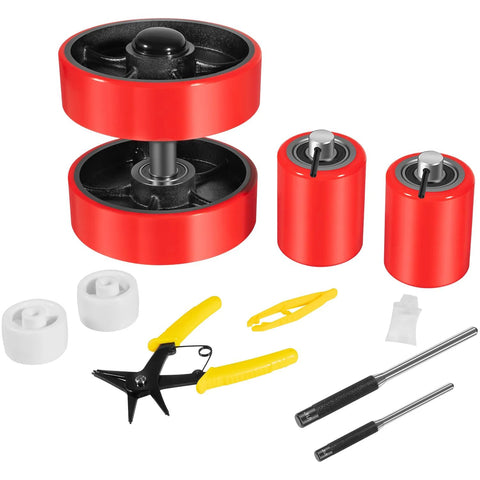 Complete Pallet Jack Wheel Replacement Kit With Dual 7x2 Steering Wheels, Dual 3x3.75 Front Load Rollers, Bearings, Tools Visible