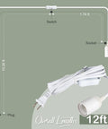12 Foot Pendant Lighting Cord With On Off Switch For E26 E27 Socket Plug In, detailed diagram with plug, switch, and socket