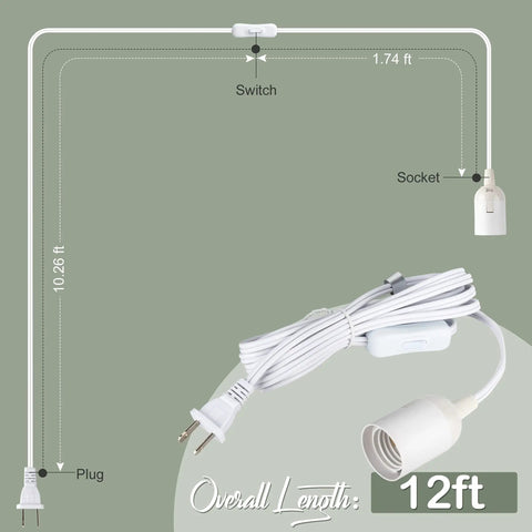 12 Foot Pendant Lighting Cord With On Off Switch For E26 E27 Socket Plug In, detailed diagram with plug, switch, and socket