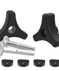 Two Pack Lawn Mower Handle Knob and Bolt Kit with triangle bolts, black knobs, silver bolts, and gaskets for universal replacement.