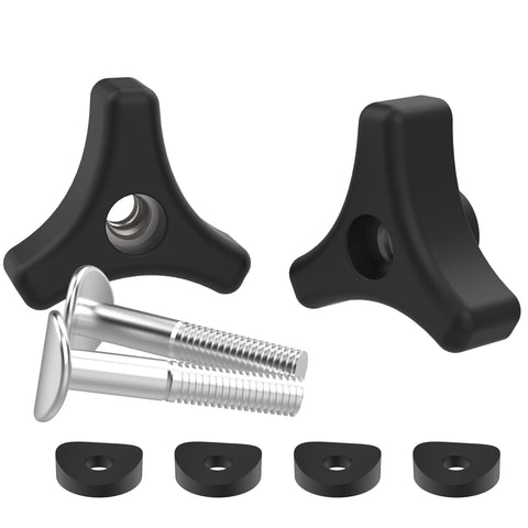 Two Pack Lawn Mower Handle Knob and Bolt Kit with triangle bolts, black knobs, silver bolts, and gaskets for universal replacement.