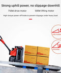 Heavy Duty Full Electric Pallet Jack With 3300 Lbs Capacity And Huge Fork Size moving loaded boxes with strong uphill power.