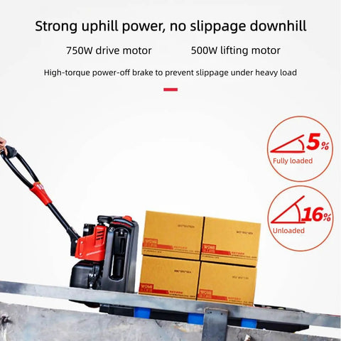 Heavy Duty Full Electric Pallet Jack With 3300 Lbs Capacity And Huge Fork Size moving loaded boxes with strong uphill power.