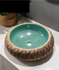 Modern Ceramic Vessel Sink Basin For Bathroom And Balcony Counter Top in turquoise with textured outer rim, size 45*45*13cm.
