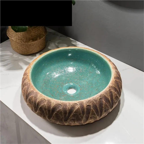 Modern Ceramic Vessel Sink Basin For Bathroom And Balcony Counter Top in turquoise with textured outer rim, size 45*45*13cm.