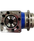 Top Shelf Padr Series Planetary Gearbox Speed Reducer With Rotary Flange Output And Hollow Shaft, close-up view highlighting stainless steel and blue finish.
