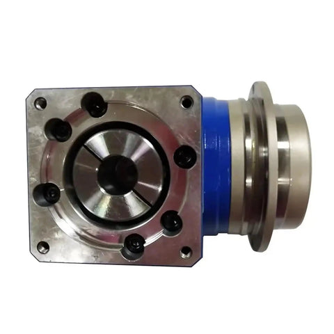 Top Shelf Padr Series Planetary Gearbox Speed Reducer With Rotary Flange Output And Hollow Shaft, close-up view highlighting stainless steel and blue finish.